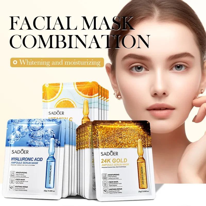 Kit 15 Máscaras Faciais Ouro 24K e Ácido Hialurônico - Anti-Rugas Hidratante