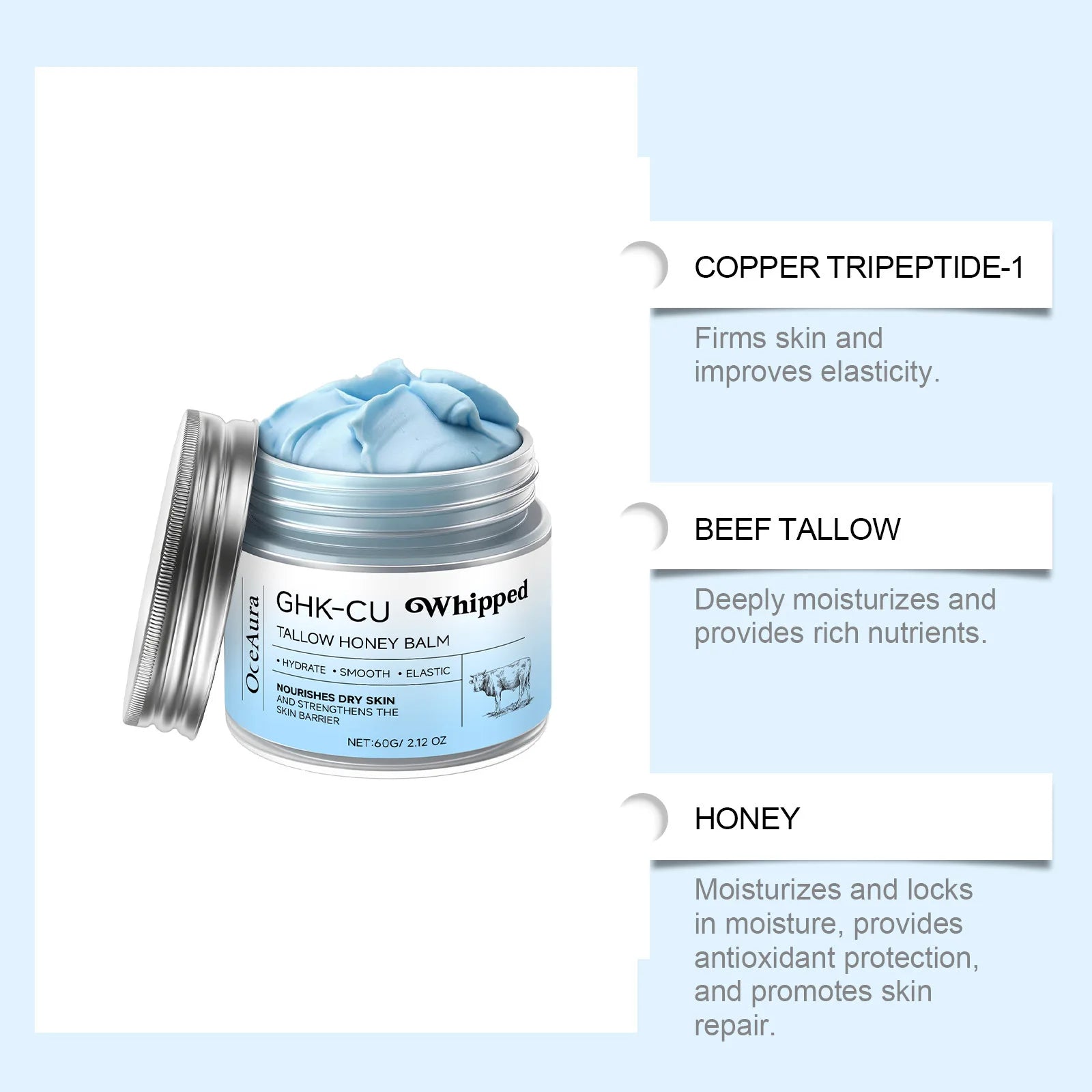 Copper Peptides GHK-Cu Beef Tallow for Skin: Blue Balm Manuka Honey Face and Body Moisturizer for Mature, Dry & Sensitive Skin